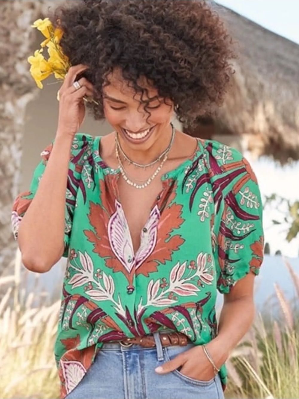 Sundance Floral V Neck Short Sleeve 100% Linen Blouse Small